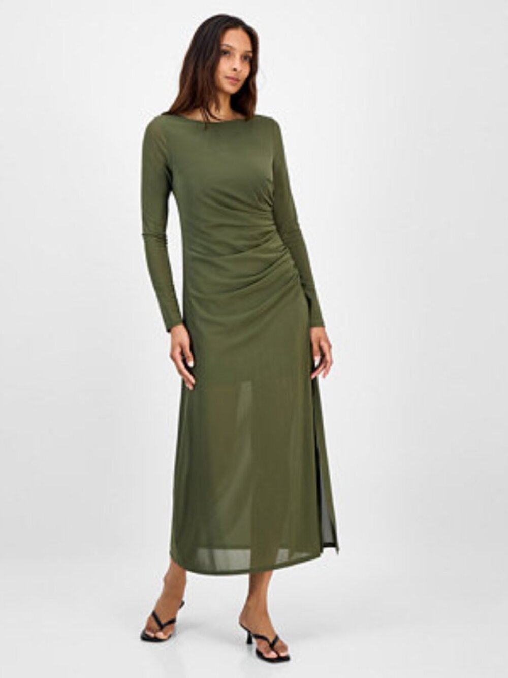 Bar III Low-Back Ruched Mesh Midi Dress